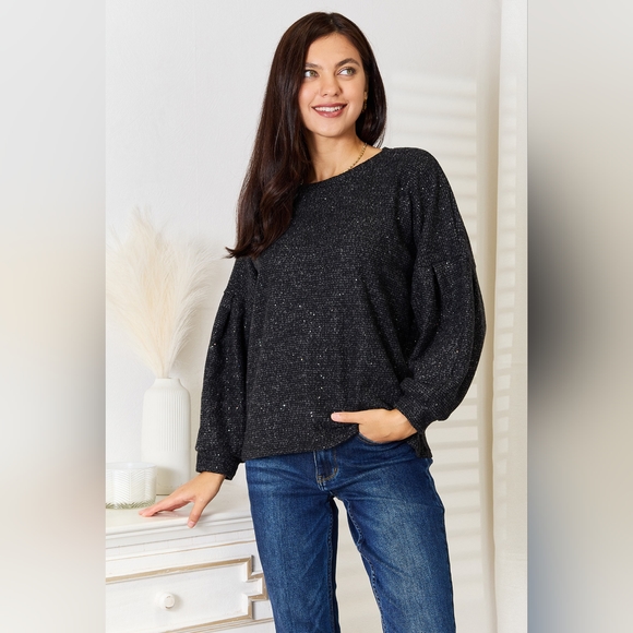 Jade By Jane Designer Black Full Size Boat Neck Glitter Long Sleeve Top - Picture 2 of 9